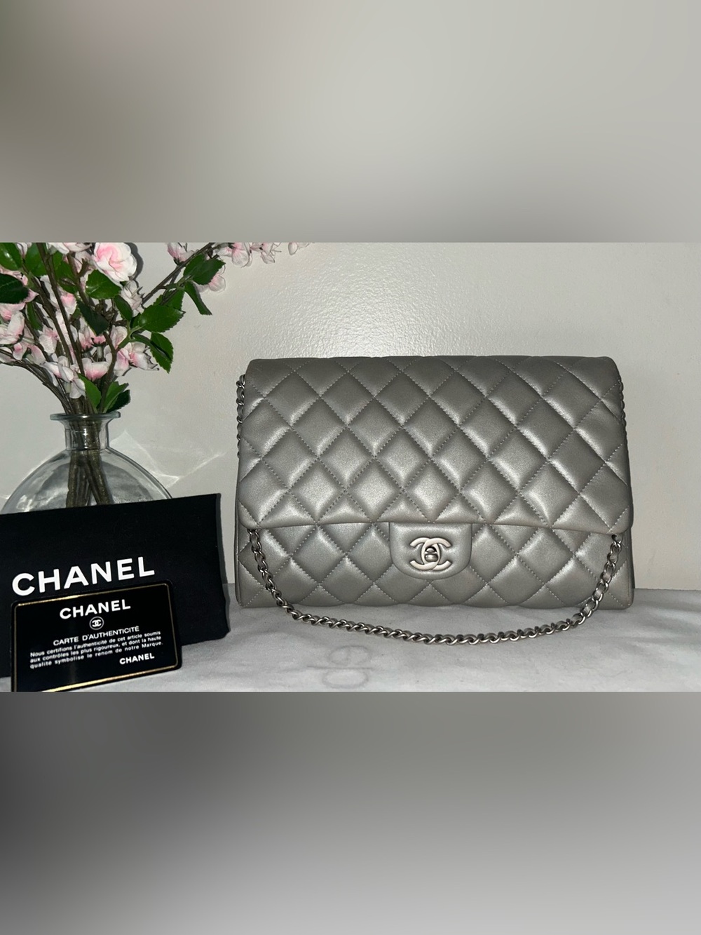 CHANEL CC Classic Single Flap Quilted Lambskin Leather Shoulder Bag Silver Grey